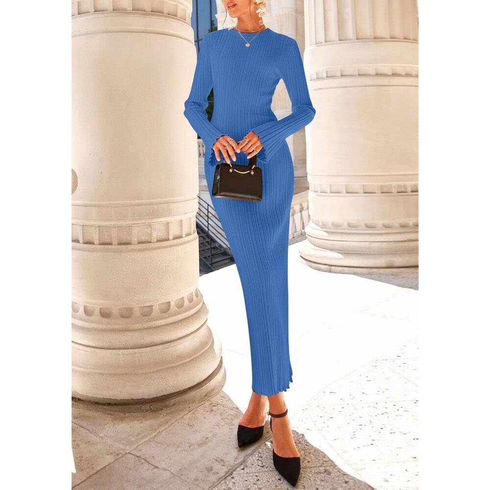 Women's Sky Blue Fall Bell Long Sleeve Crew Neck Bodycon Sweater Maxi Dress - Picture 5 of 7